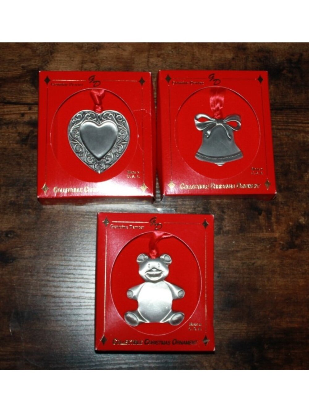 GENUINE Pewter Christmas Ornaments Gloria Duchin Lot of 3 Bear, Bell, Heart NEW